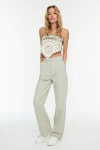 TRENDYOLMİLLA Stone Pocket Detail High Waist Wide Leg Wide Leg 100% Cotton Non-Stretch jeans - Image 2