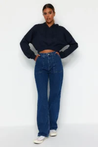 TRENDYOLMİLLA Navy Blue Pocket Detail High Waist Wide Leg jeans - Image 6