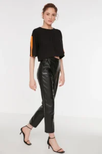 TRENDYOLMİLLA Black Cigarette Weaving Faux Leather New year Pants - Image 6