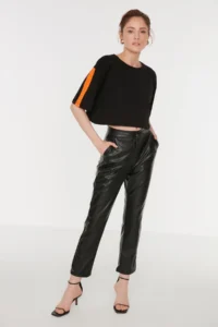 TRENDYOLMİLLA Black Cigarette Weaving Faux Leather New year Pants - Image 7