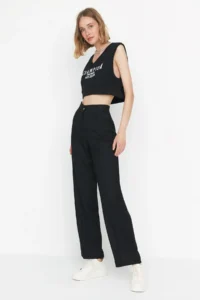 TRENDYOLMİLLA Black Straight/Plain Kesim Weaving Dress Pants - Image 6