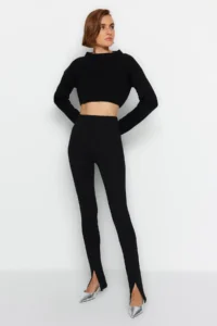 TRENDYOLMİLLA Black Slit Detailed Flexible Knitting Tall Pants