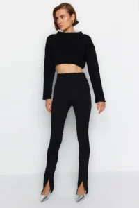 TRENDYOLMİLLA Black Slit Detailed Flexible Knitting Tall Pants - Image 2