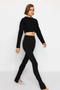 TRENDYOLMİLLA Black Slit Detailed Flexible Knitting Tall Pants - Image 3