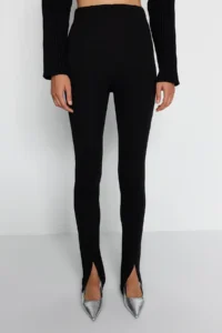 TRENDYOLMİLLA Black Slit Detailed Flexible Knitting Tall Pants - Image 4
