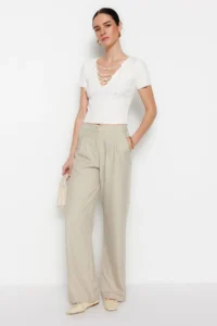TRENDYOLMİLLA Mink Wide Leg/Wide Leg Pilili Weaving Pants - Image 2