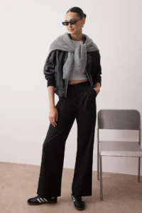 TRENDYOLMİLLA Black Wide Leg/Wide Leg Pilili Weaving Dress Pants