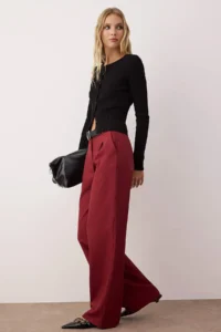 TRENDYOLMİLLA Burgundy Wide Leg/Wide Leg Pilili  Pants - Image 2