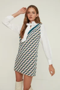 TRENDYOLMİLLA Navy Blue Mini Knitwear Shirt Garnished Detailed Dress - Image 2