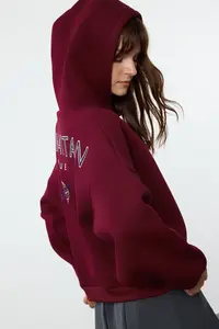 TRENDYOLMİLLA Burgundy Back Print Detailed Hooded Thick Fleece Lined Knitting Sweatshirt