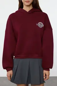 TRENDYOLMİLLA Burgundy Back Print Detailed Hooded Thick Fleece Lined Knitting Sweatshirt - Image 3