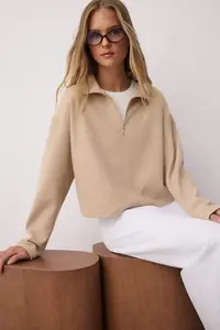 TRENDYOLMİLLA Beige Thessaloniki/Knitwear look Zippered Collar Regular/Normal Pattern Knitting Sweatshirt
