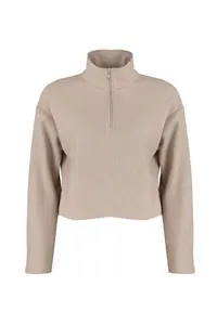 TRENDYOLMİLLA Beige Thessaloniki/Knitwear look Zippered Collar Regular/Normal Pattern Knitting Sweatshirt - Image 10