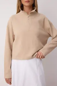 TRENDYOLMİLLA Beige Thessaloniki/Knitwear look Zippered Collar Regular/Normal Pattern Knitting Sweatshirt - Image 3