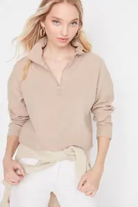 TRENDYOLMİLLA Beige Thessaloniki/Knitwear look Zippered Collar Regular/Normal Pattern Knitting Sweatshirt - Image 6