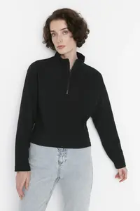 TRENDYOLMİLLA Black Thessaloniki/Knitwear look Zippered Collar Regular/Normal Pattern Knitting Sweatshirt - Image 6