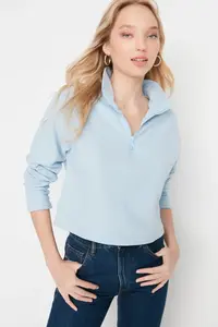 TRENDYOLMİLLA Mavi Thessaloniki/Knitwear look Zippered Collar Regular/Normal Pattern Knitting Sweatshirt - Image 5