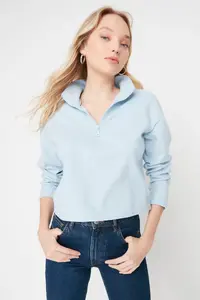 TRENDYOLMİLLA Mavi Thessaloniki/Knitwear look Zippered Collar Regular/Normal Pattern Knitting Sweatshirt - Image 7