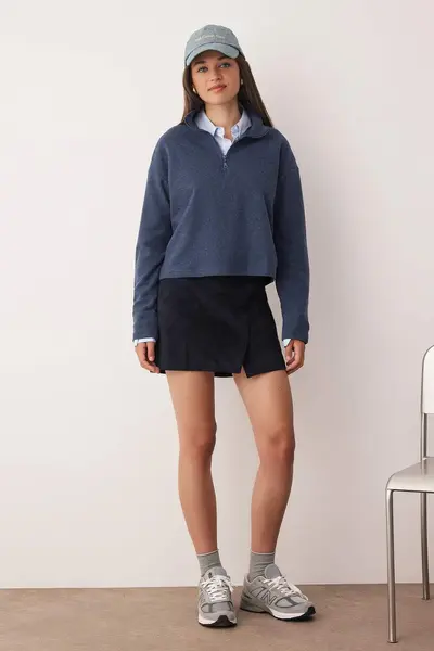 TRENDYOLMİLLA Indigo Thessaloniki/Knitwear look Zippered Collar Regular/Normal Pattern Knitting Sweatshirt