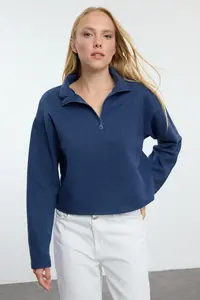 TRENDYOLMİLLA Indigo Thessaloniki/Knitwear look Zippered Collar Regular/Normal Pattern Knitting Sweatshirt - Image 5