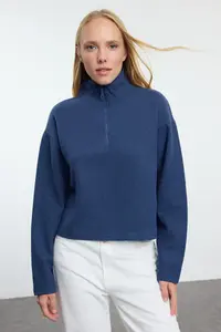 TRENDYOLMİLLA Indigo Thessaloniki/Knitwear look Zippered Collar Regular/Normal Pattern Knitting Sweatshirt - Image 6