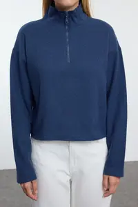 TRENDYOLMİLLA Indigo Thessaloniki/Knitwear look Zippered Collar Regular/Normal Pattern Knitting Sweatshirt - Image 7