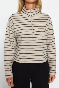 TRENDYOLMİLLA Light Beige Striped Thessaloniki Zippered Dog collar Regular/Normal Pattern Knitting Sweatshirt - Image 4