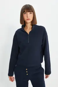 TRENDYOLMİLLA Navy Blue Thessaloniki/Knitwear look Zippered Collar Regular/Normal Pattern Knitting Sweatshirt - Image 5