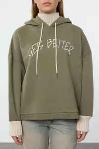 TRENDYOLMİLLA Khaki Thick Fleece Lined Knitwear Tape Detailed Hooded Knitting Sweatshirt - Image 4