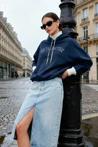 TRENDYOLMİLLA Navy Blue Thick Fleece Lined Knitwear Tape Detailed Hooded Knitting Sweatshirt