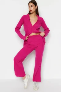TRENDYOLMİLLA Fuchsia Basic Polo Shirt Collar Knitwear Top and Bottom Set - Image 2