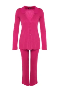 TRENDYOLMİLLA Fuchsia Basic Polo Shirt Collar Knitwear Top and Bottom Set - Image 6