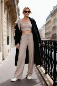 TRENDYOLMİLLA Beige soft Crop and Wide Leg/Wide Leg Knitting Bottom Top Set
