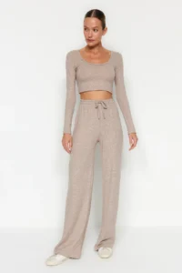 TRENDYOLMİLLA Beige soft Crop and Wide Leg/Wide Leg Knitting Bottom Top Set - Image 2