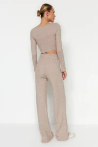 TRENDYOLMİLLA Beige soft Crop and Wide Leg/Wide Leg Knitting Bottom Top Set - Image 6
