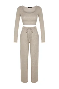 TRENDYOLMİLLA Beige soft Crop and Wide Leg/Wide Leg Knitting Bottom Top Set - Image 7
