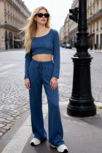 TRENDYOLMİLLA Indigo soft Crop and Wide Leg/Wide Leg Knitting Bottom Top Set