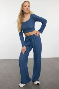TRENDYOLMİLLA Indigo soft Crop and Wide Leg/Wide Leg Knitting Bottom Top Set - Image 3