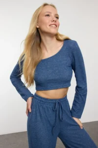 TRENDYOLMİLLA Indigo soft Crop and Wide Leg/Wide Leg Knitting Bottom Top Set - Image 4