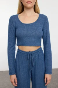 TRENDYOLMİLLA Indigo soft Crop and Wide Leg/Wide Leg Knitting Bottom Top Set - Image 5