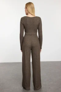 TRENDYOLMİLLA Brown soft Crop and Wide Leg/Wide Leg Knitting Bottom Top Set - Image 5
