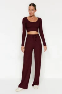 TRENDYOLMİLLA Burgundy soft Crop and Wide Leg/Wide Leg Knitting Bottom Top Set