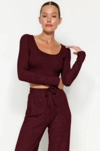 TRENDYOLMİLLA Burgundy soft Crop and Wide Leg/Wide Leg Knitting Bottom Top Set - Image 2