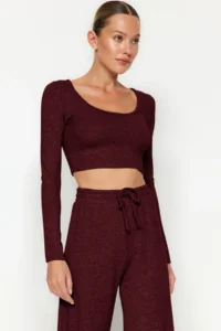 TRENDYOLMİLLA Burgundy soft Crop and Wide Leg/Wide Leg Knitting Bottom Top Set - Image 3