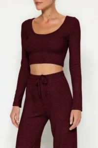 TRENDYOLMİLLA Burgundy soft Crop and Wide Leg/Wide Leg Knitting Bottom Top Set - Image 5