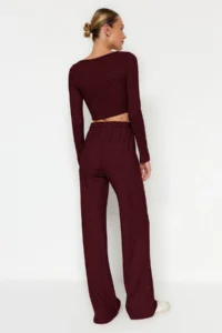 TRENDYOLMİLLA Burgundy soft Crop and Wide Leg/Wide Leg Knitting Bottom Top Set - Image 7