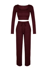 TRENDYOLMİLLA Burgundy soft Crop and Wide Leg/Wide Leg Knitting Bottom Top Set - Image 9