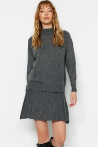 TRENDYOLMİLLA Anthracite pleated Etekli Knitwear Top and Bottom Set