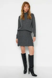 TRENDYOLMİLLA Anthracite pleated Etekli Knitwear Top and Bottom Set - Image 2