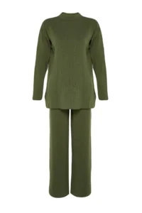 TRENDYOLMİLLA Yağ Green Wide Pattern Basic Knitwear Top and Bottom Set - Image 6